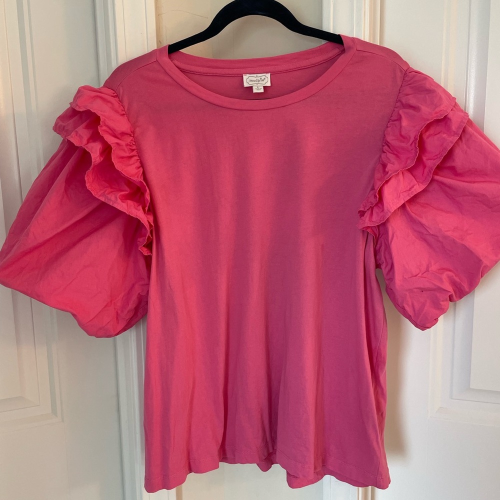 Mud Pie Pink Puff Sleeve Ruffled Blouse